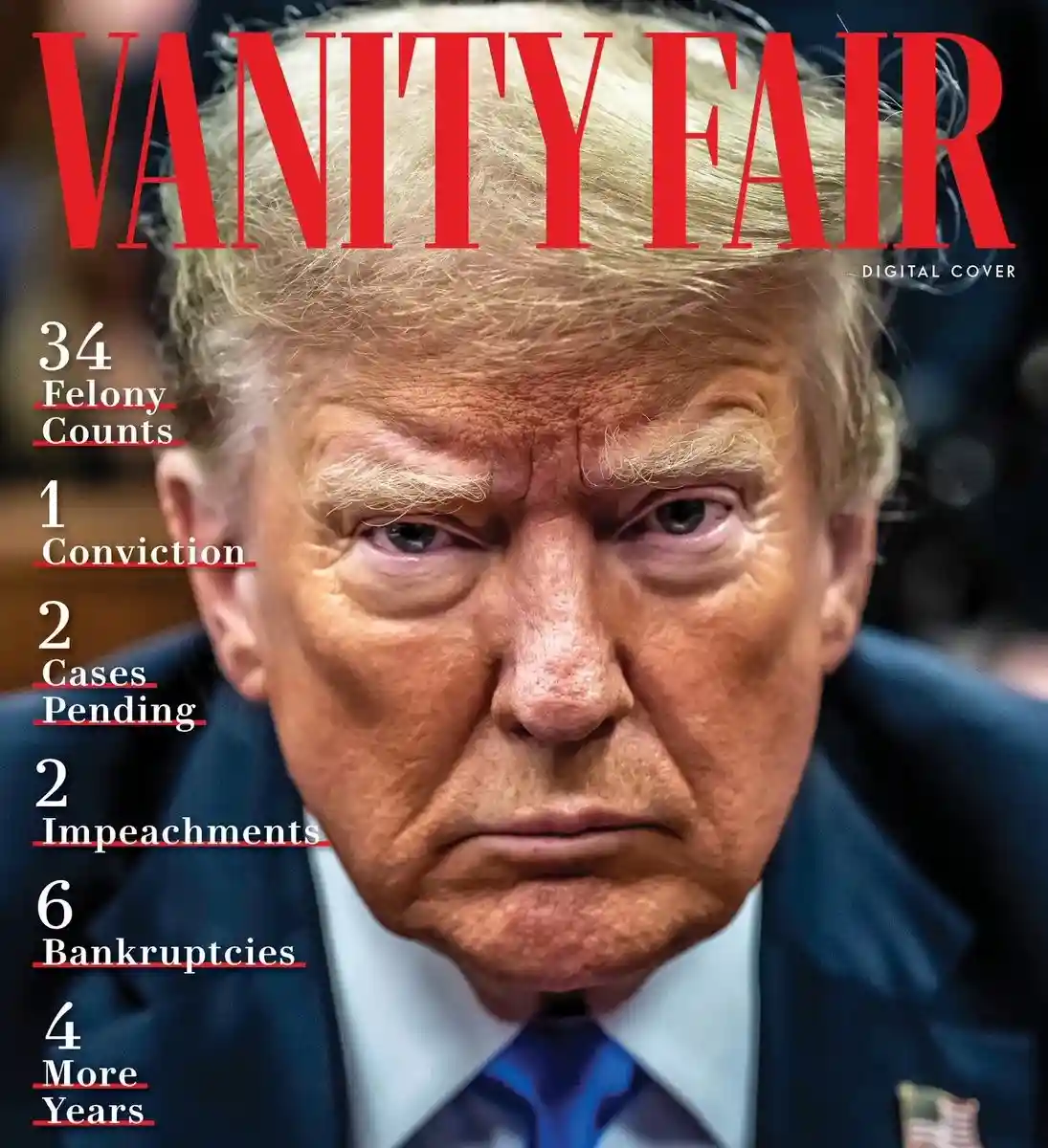 A digitally altered Vanity Fair magazine cover featuring a close-up of Donald Trump looking serious. Overlaid text lists…