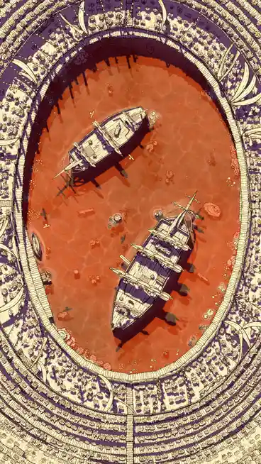 An ornate, top-down illustration shows two ships sinking in a circular pool of red water, surrounded by intricate, repeating…