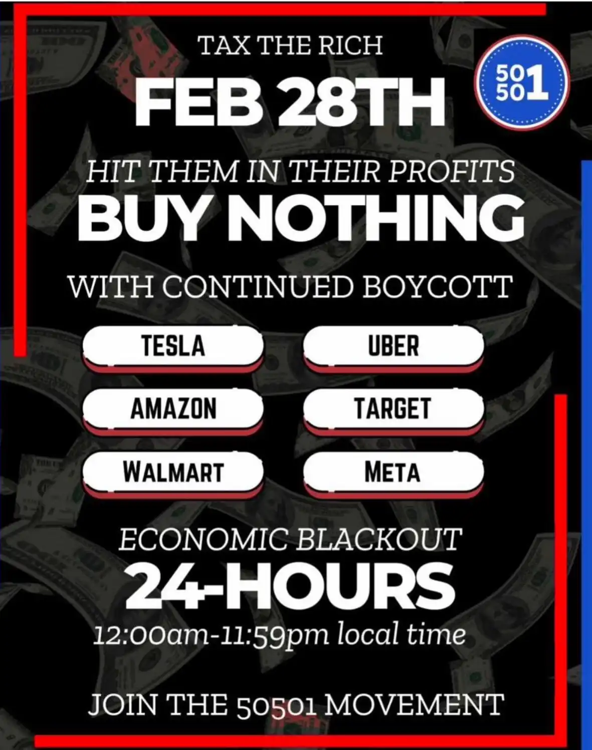 A promotional poster with a black background and scattered dollar bills, advertising a '50501 Movement' economic blackout on…