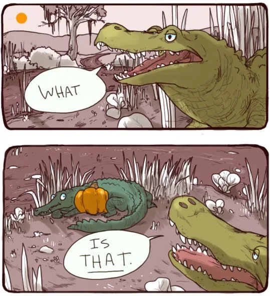 Two-panel comic strip showing a large crocodile in a swampy setting. In the first panel, the crocodile stares with a speech…