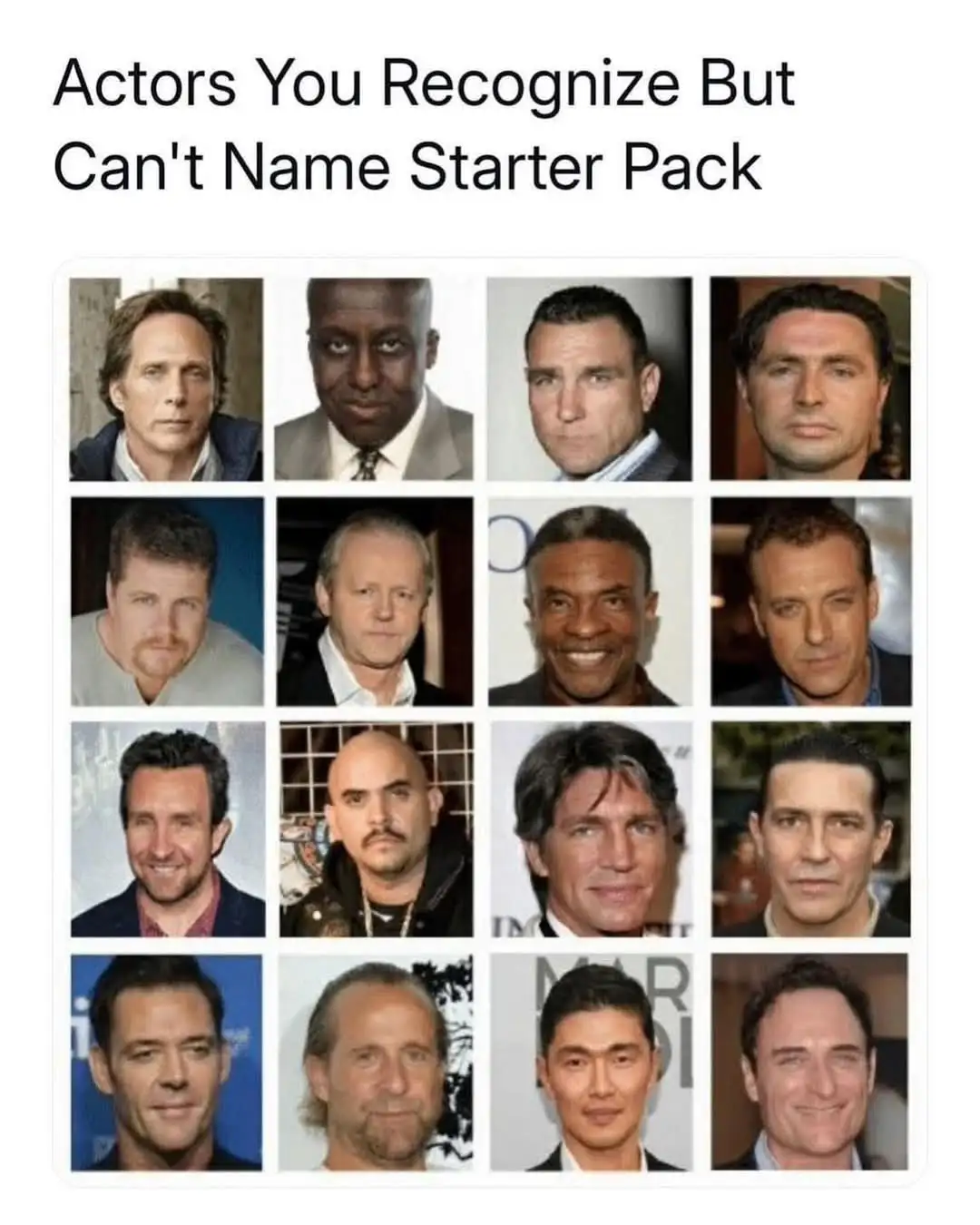 The image displays a 4x4 grid of 16 headshot photos of male actors, each with a neutral or slightly serious expression…