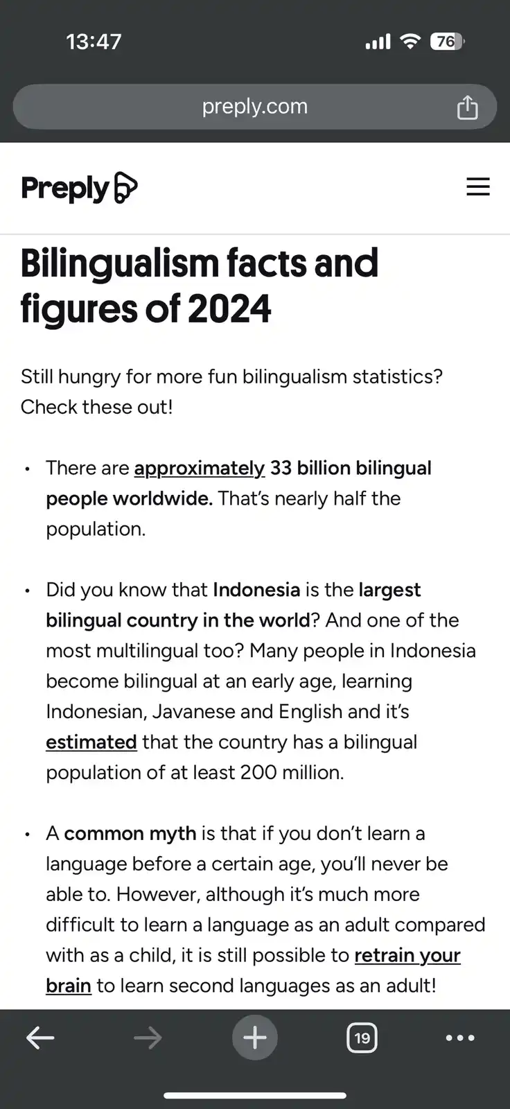A screenshot of a Preply webpage titled 'Bilingualism facts and figures of 2024' displays a list of statistics. The first…