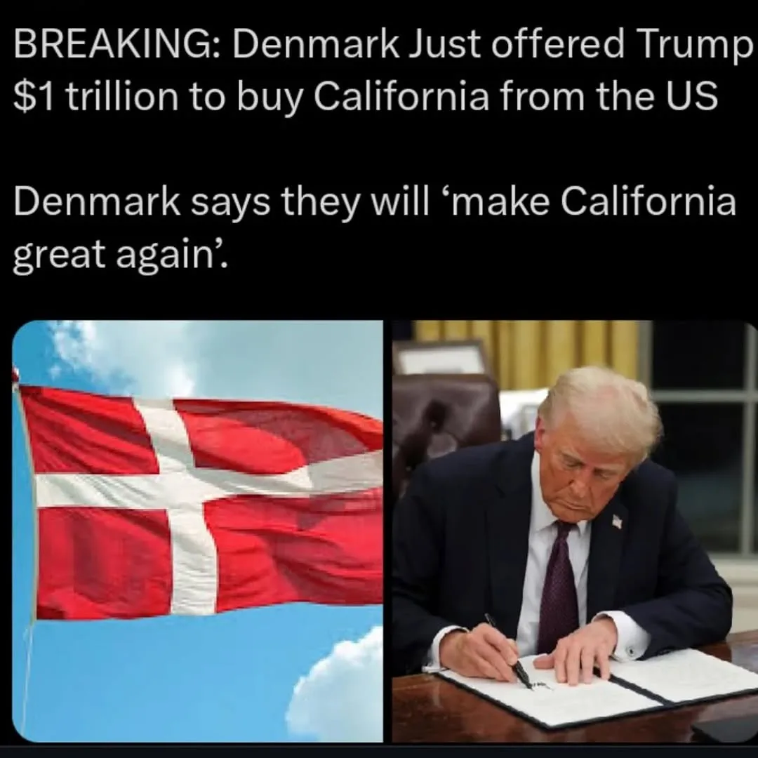 The image is split into two panels: the left shows a red Danish flag with a white cross waving against a blue sky, and the…