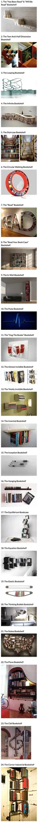 This image displays a collection of 24 unique and creatively designed bookshelves, each with a distinct shape or concept…